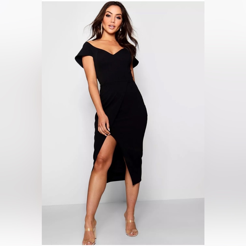 OFF THE SHOULDER WRAP SKIRT MIDI DRESS